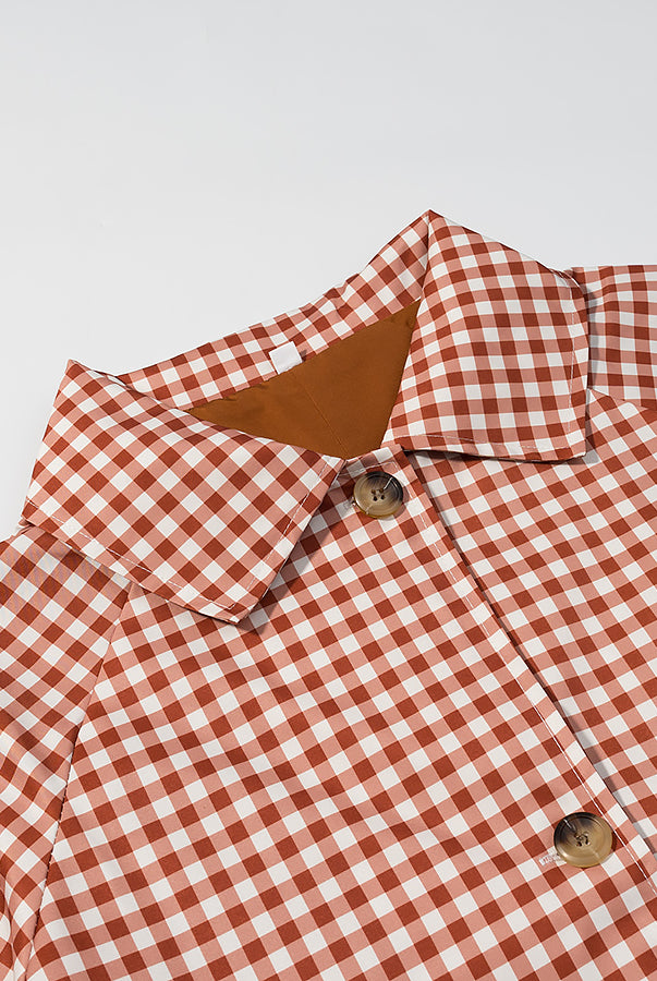 Langry fashion casual plaid trench coat in red white checkered shirt with brown buttons