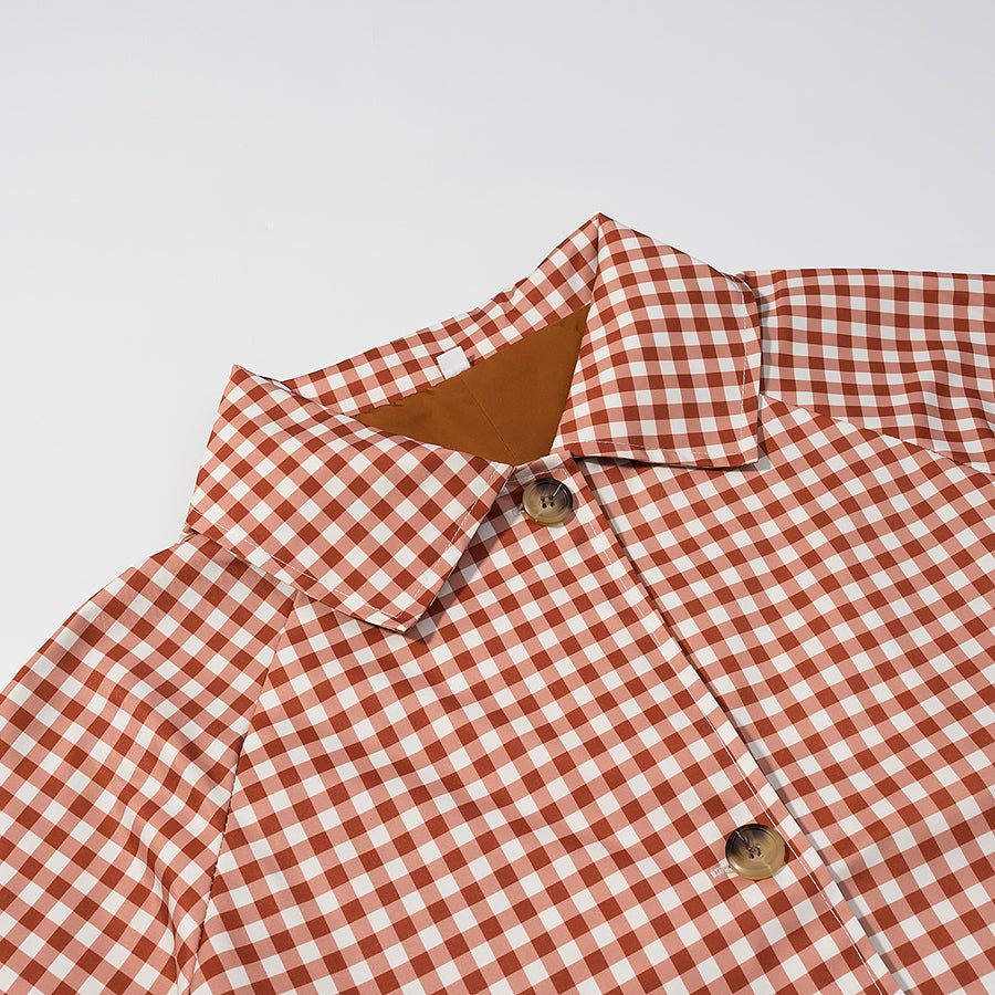 Langry fashion casual plaid trench coat in red white checkered shirt with brown buttons