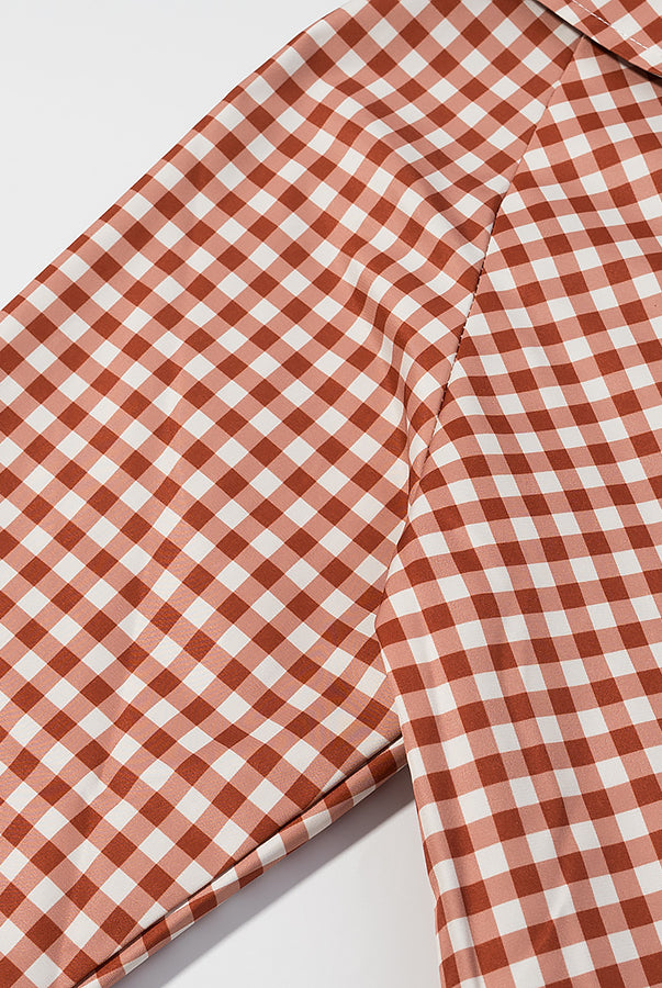 Casual plaid trench coat in brown and white checkered shirt with collar, langry fashion ملابس