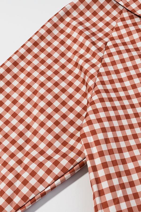 Casual plaid trench coat in brown and white checkered shirt with collar, langry fashion ملابس