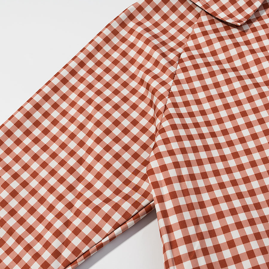 Casual plaid trench coat in brown and white checkered shirt with collar, langry fashion ملابس