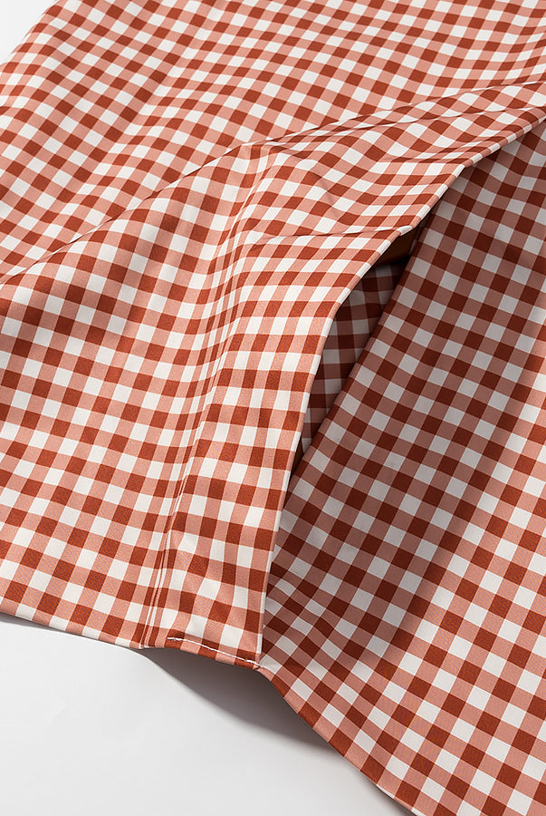 Terracotta and white gingham checkered fabric for Langry casual plaid trench coat