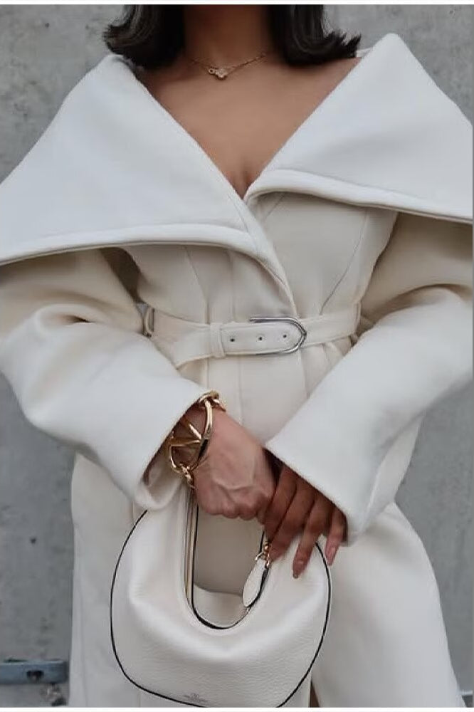 Langry fashion cream oversized woolen coat with belt and wide lapels
