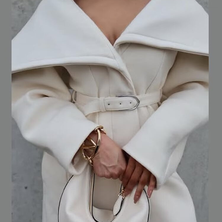 Langry fashion cream oversized woolen coat with belt and wide lapels