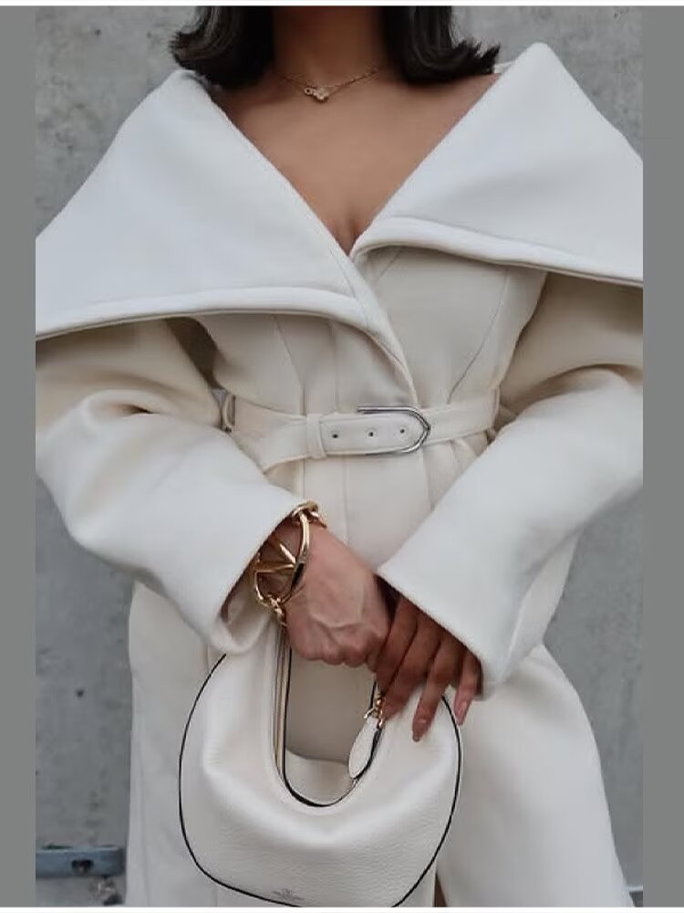 Langry fashion cream oversized woolen coat with belt and wide lapels