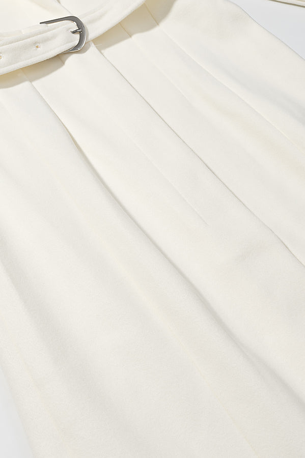 Langry fashion cream pleated skirt with white belt and silver buckle