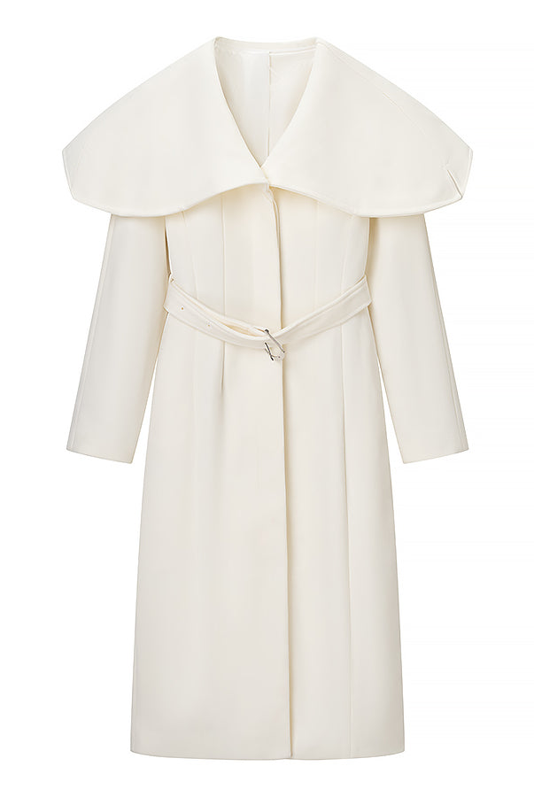 Cozy langry fashion woolen coat in cream with belt and wide collar
