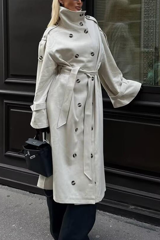 Langry fashion cream double-breasted trench coat with black buttons and belt