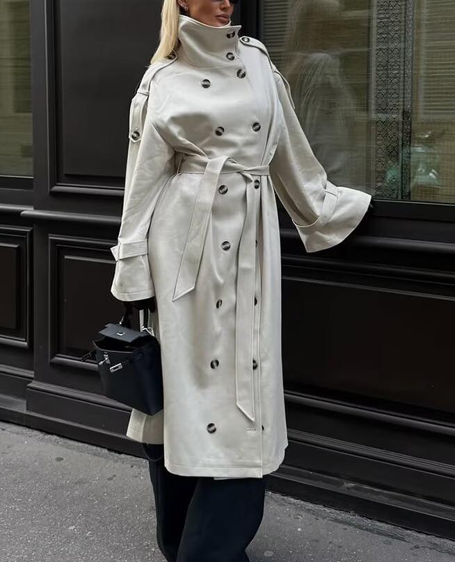Langry fashion cream double-breasted trench coat with black buttons and belt