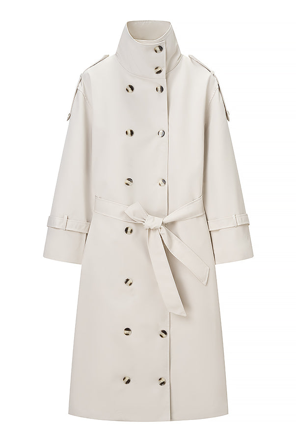 Beige Langry fashion trench coat with double-breasted buttons and belt