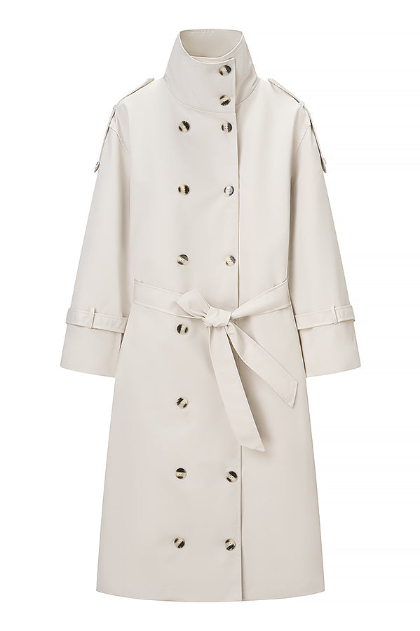 Beige Langry fashion trench coat with double-breasted buttons and belt