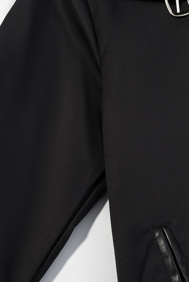 Fashionable black leather trench coat with silver zipper details