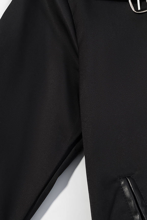 Fashionable black leather trench coat with silver zipper details