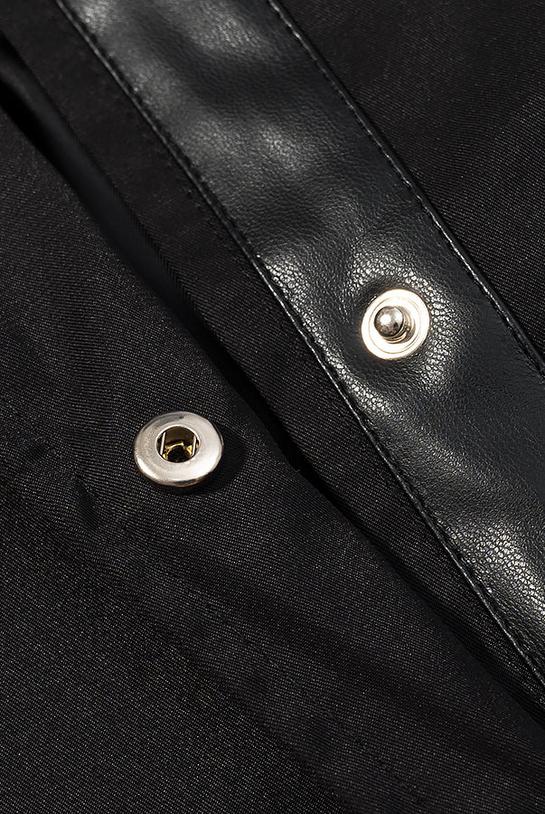 Fashionable black leather langry trench coat with silver snaps and textured lining