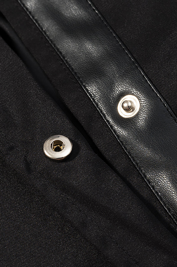 Fashionable black leather langry trench coat with silver snaps and textured lining