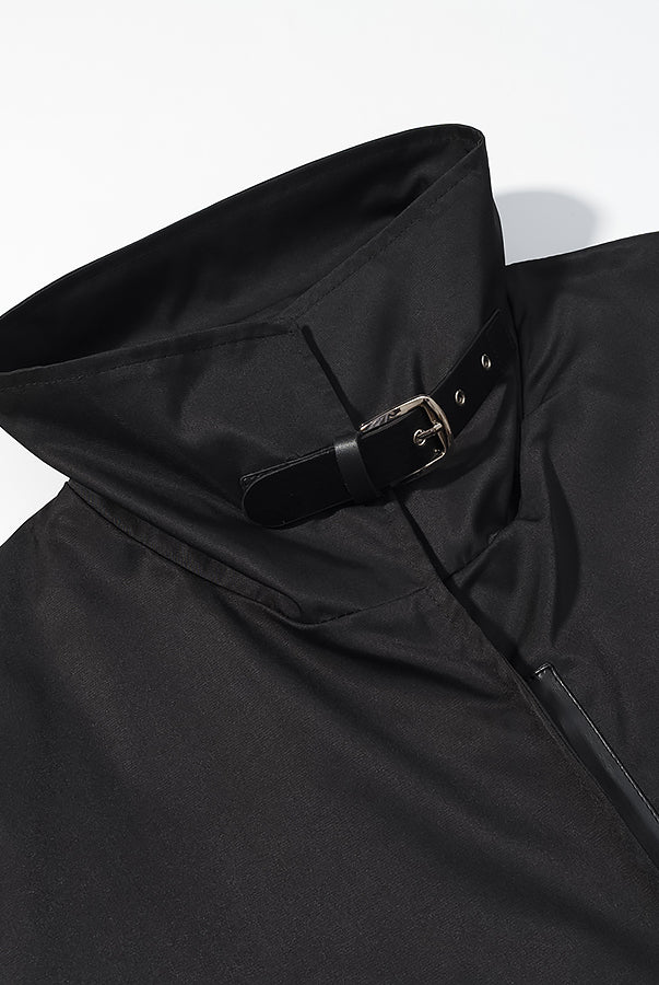 Fashionable black langry trench coat with high collar, zipper, and belt loops