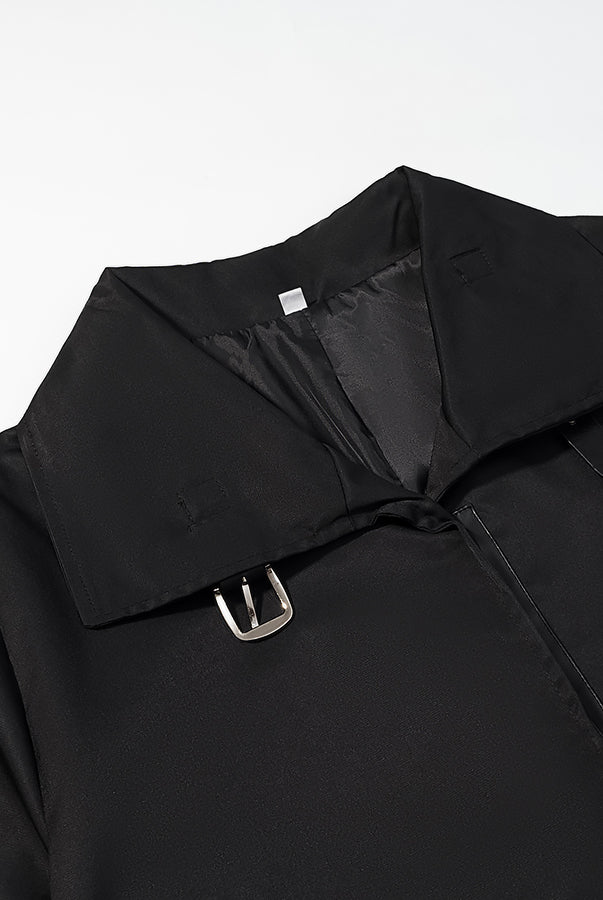 Fashionable langry black collar trench coat with silver buckle and tie closure