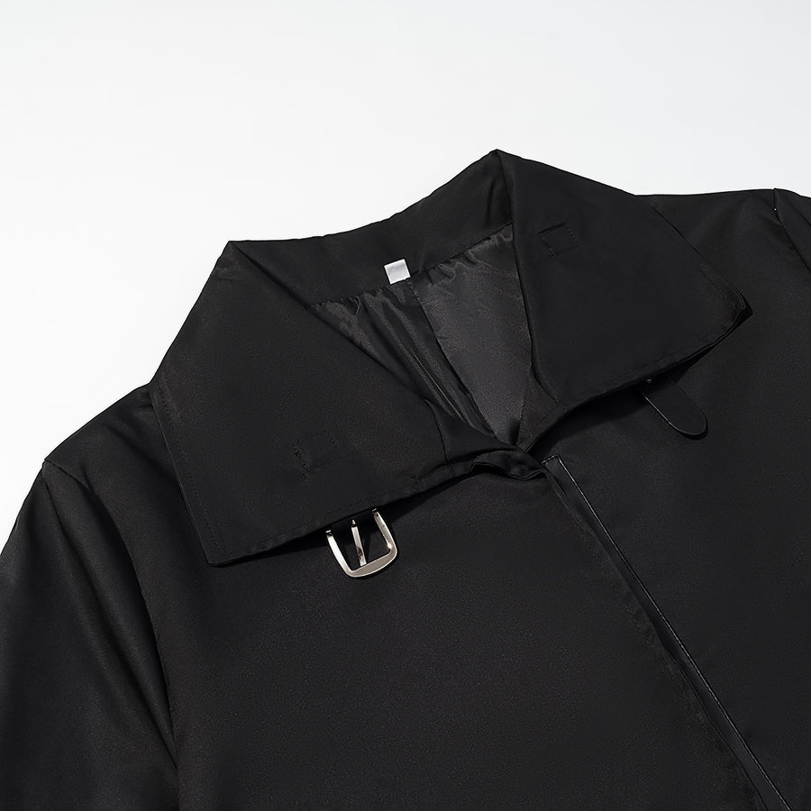 Fashionable langry black collar trench coat with silver buckle and tie closure