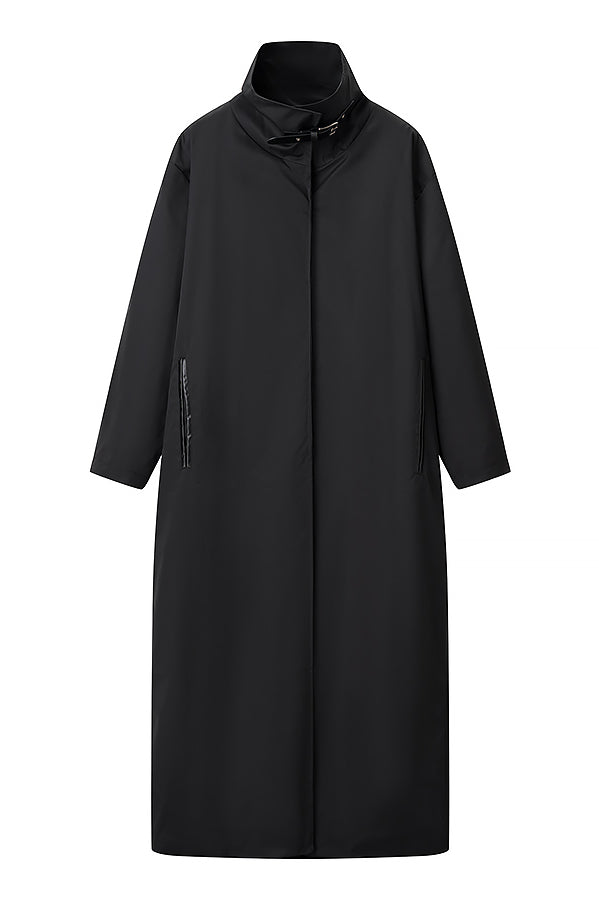 Fashionable black langry long trench coat with high collar and buttons