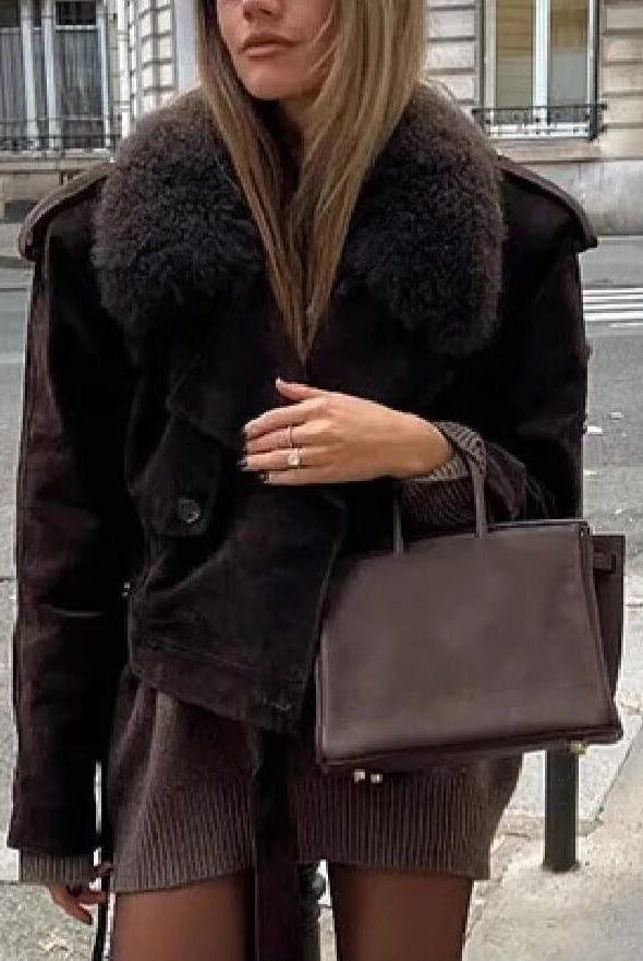 Fall Unique Fur Collar Suede Jacket in Langry fashion ملابس