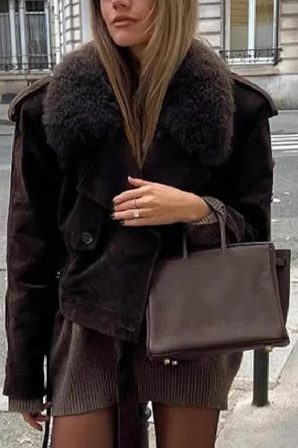 Fall Unique Fur Collar Suede Jacket in Langry fashion ملابس
