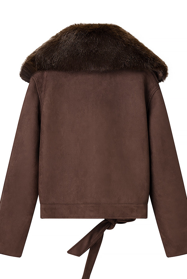 Langry fashion brown suede jacket with fur-trimmed collar and tie waist