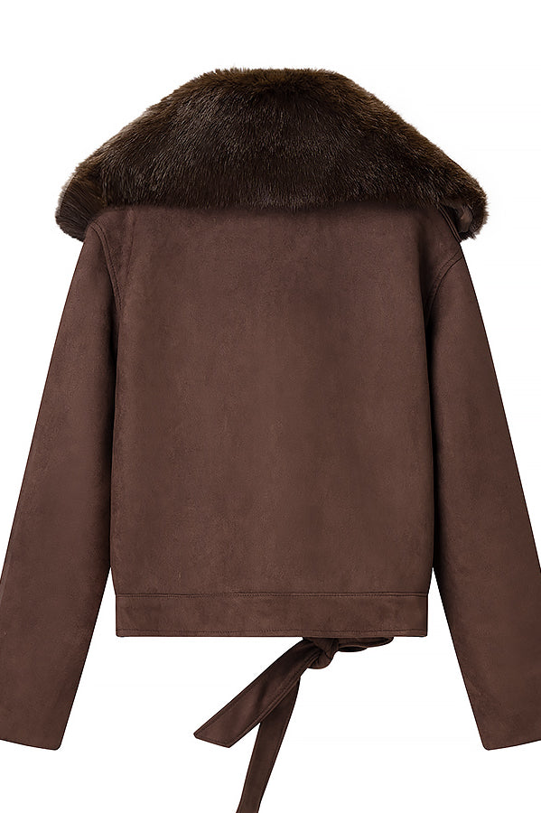 Langry fashion brown suede jacket with fur-trimmed collar and tie waist