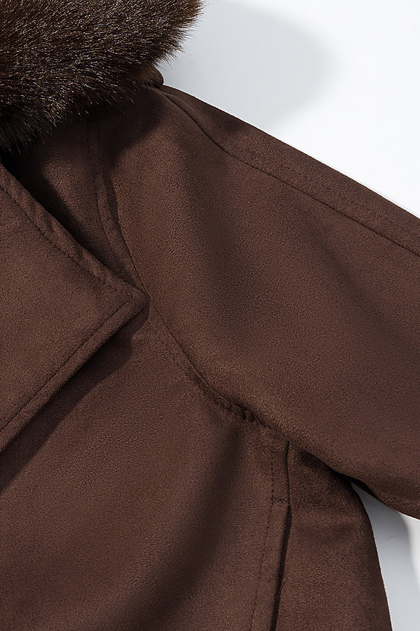 Langry fashion brown fur-trimmed suede jacket with lapel collar