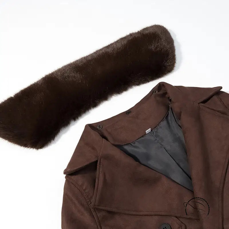 Fall unique fur collar suede jacket with brown fur and black lining