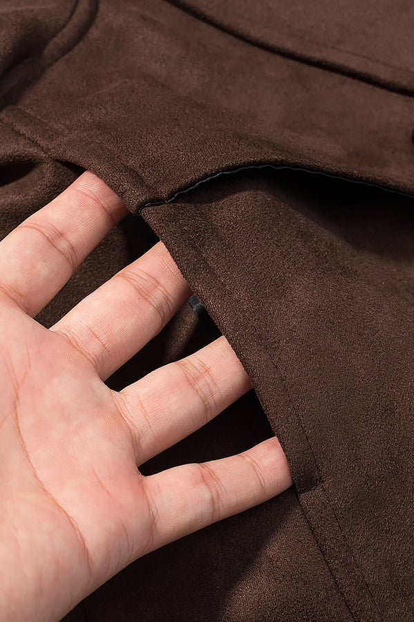 Fall Unique Fur Collar Suede Jacket in Brown with Black Buttons