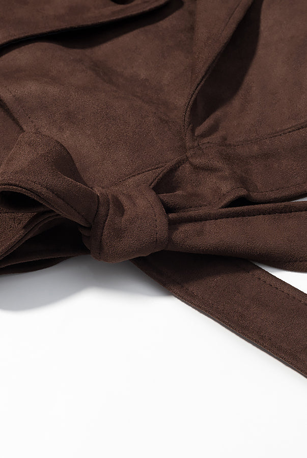 Fall unique fur collar suede jacket in brown with bow waistband detail