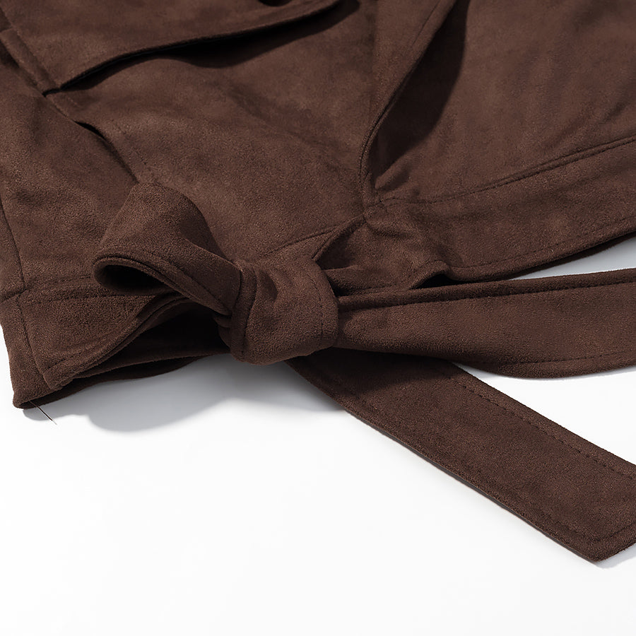 Fall unique fur collar suede jacket in brown with bow waistband detail