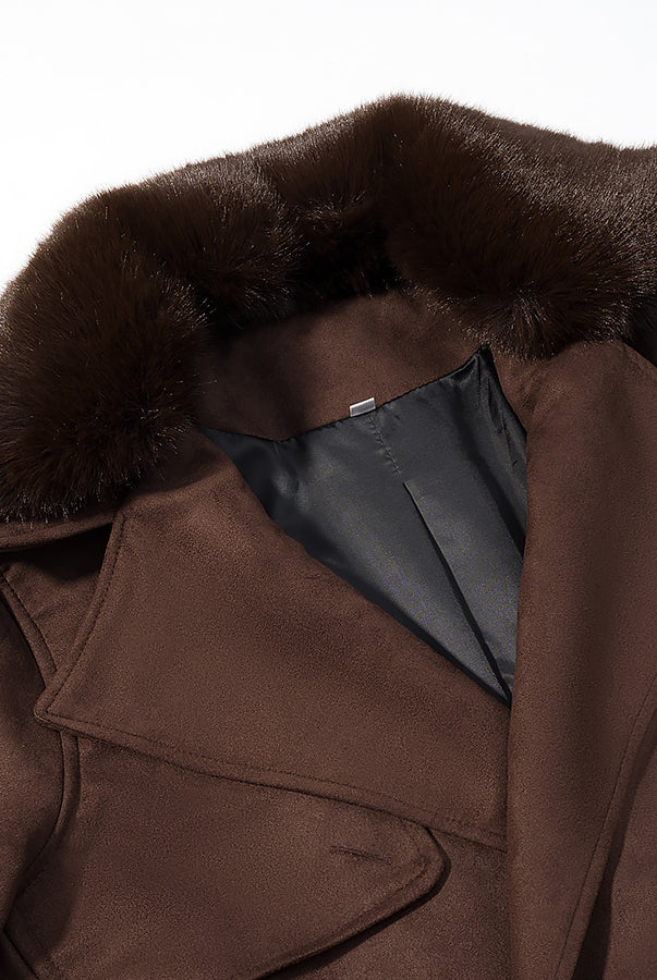 Langry fashion brown fur-trimmed suede peacoat with glossy lining