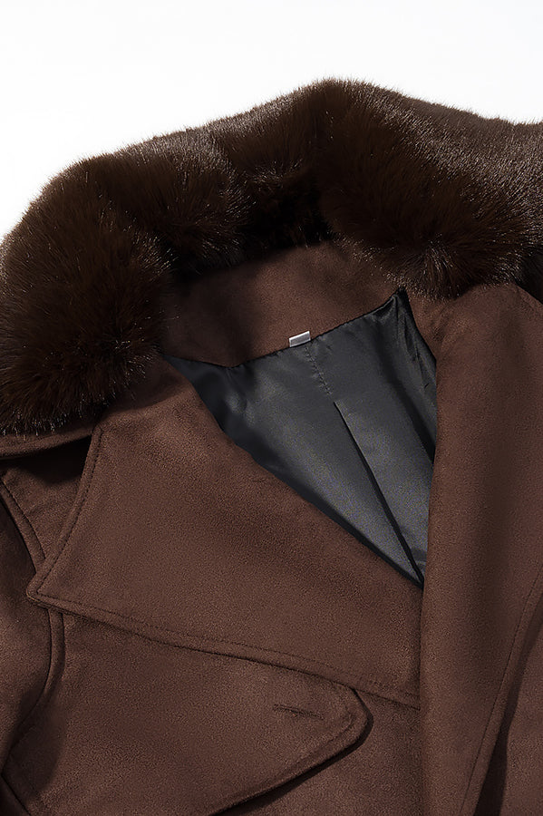 Langry fashion brown fur-trimmed suede peacoat with glossy lining