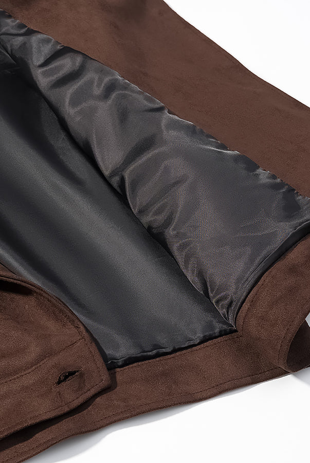 Fall Unique Fur Collar Suede Jacket in brown suede with black lining and buttons