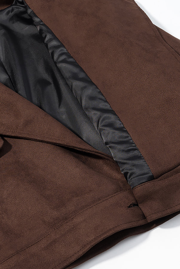 Fall Unique Fur Collar Suede Jacket in brown suede with black lining and button closure, langry fashion ملابس