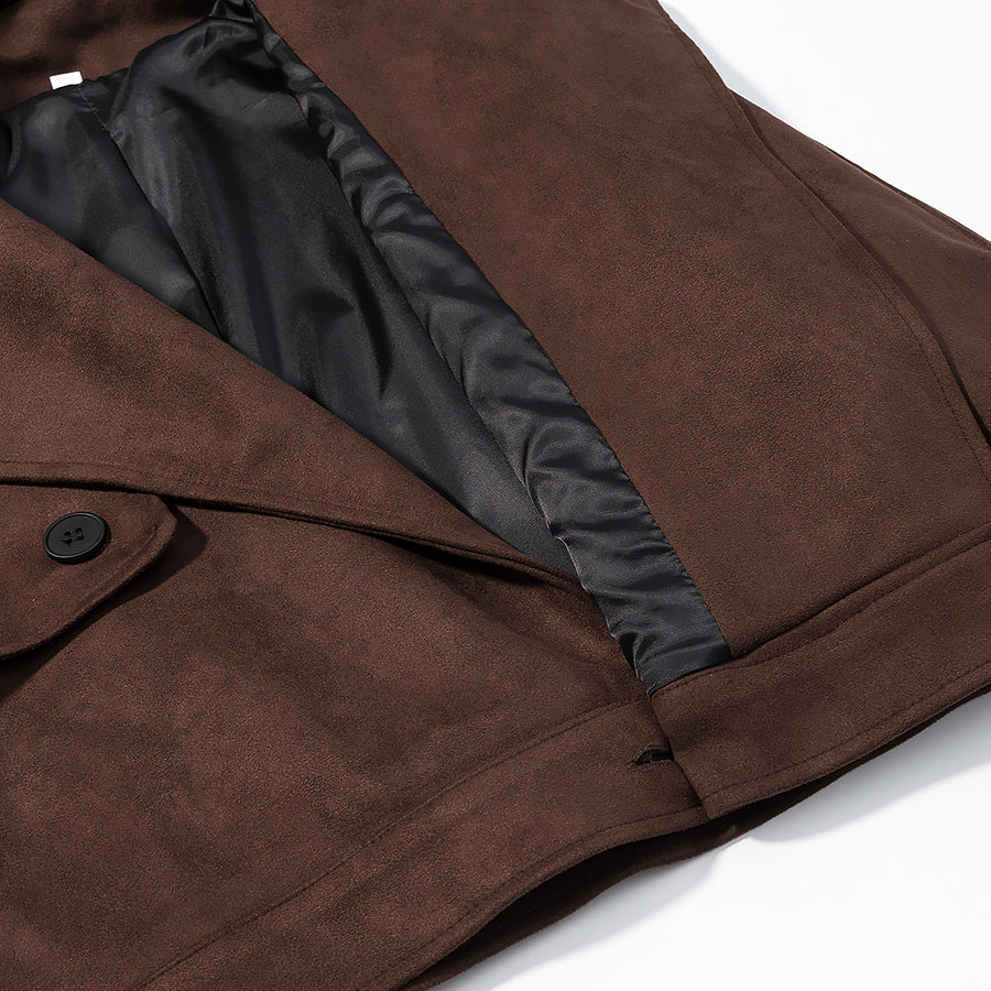 Fall Unique Fur Collar Suede Jacket in brown suede with black lining and button closure, langry fashion ملابس