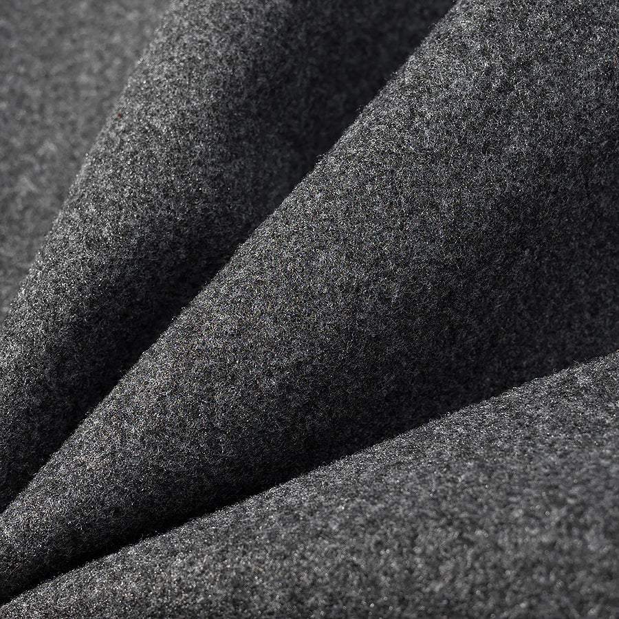 Charcoal gray wool fabric in Langry fashion jacket, subtle texture and sheen