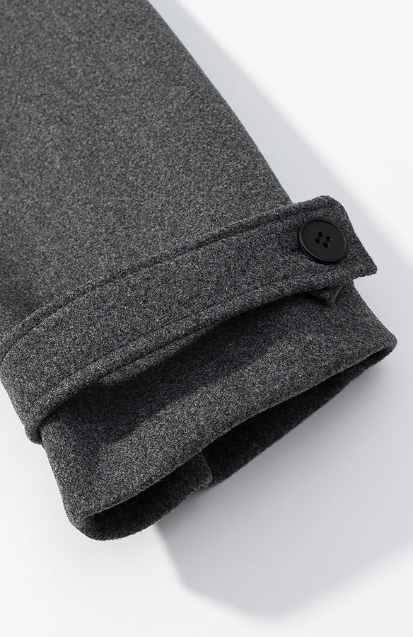 Charcoal gray wool blend cuff with button detail on Langry fashion jacket