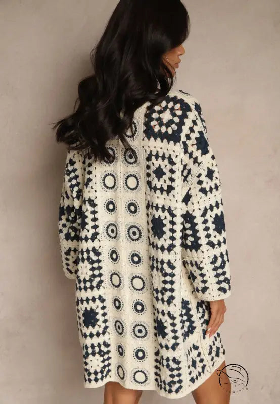 Cozy off-white navy crochet coat with geometric patchwork, long sleeved fashion top