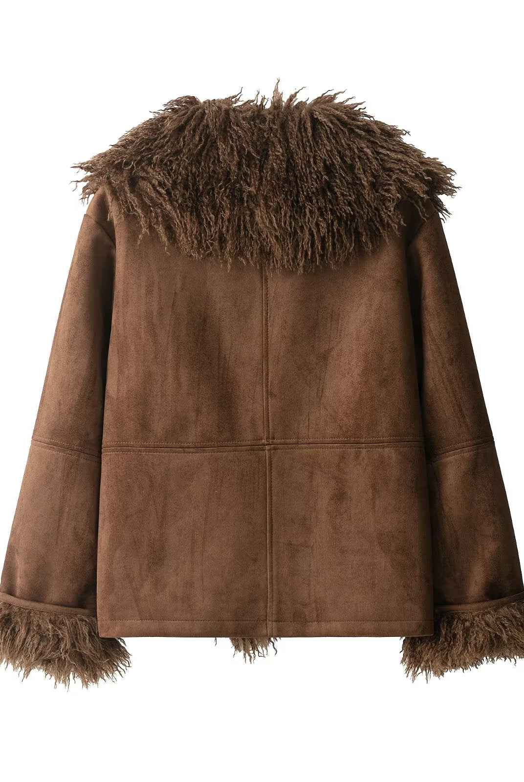 Elegant langry faux shearling fur effect coat in brown suede