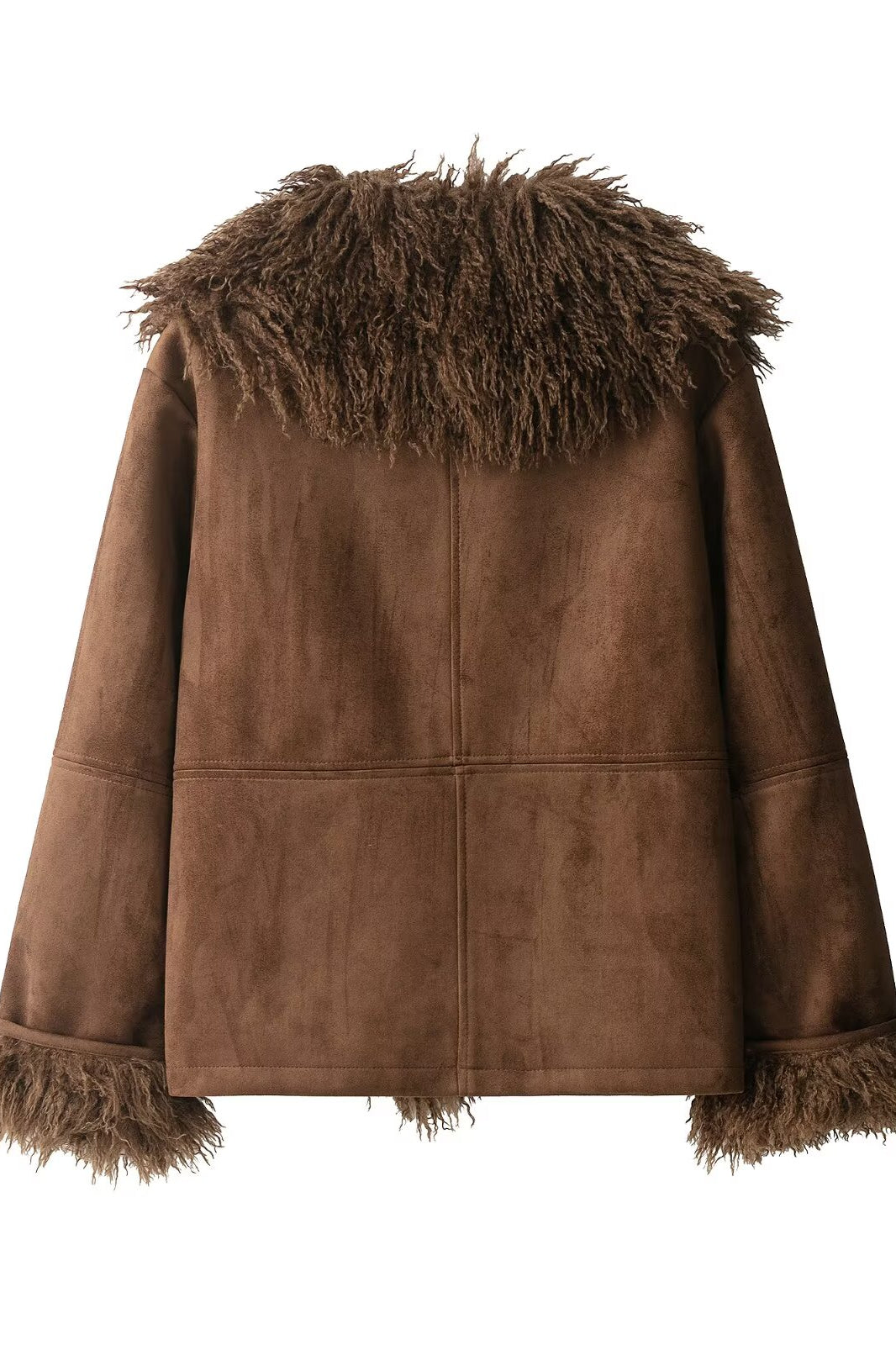 Elegant langry faux shearling fur effect coat in brown suede