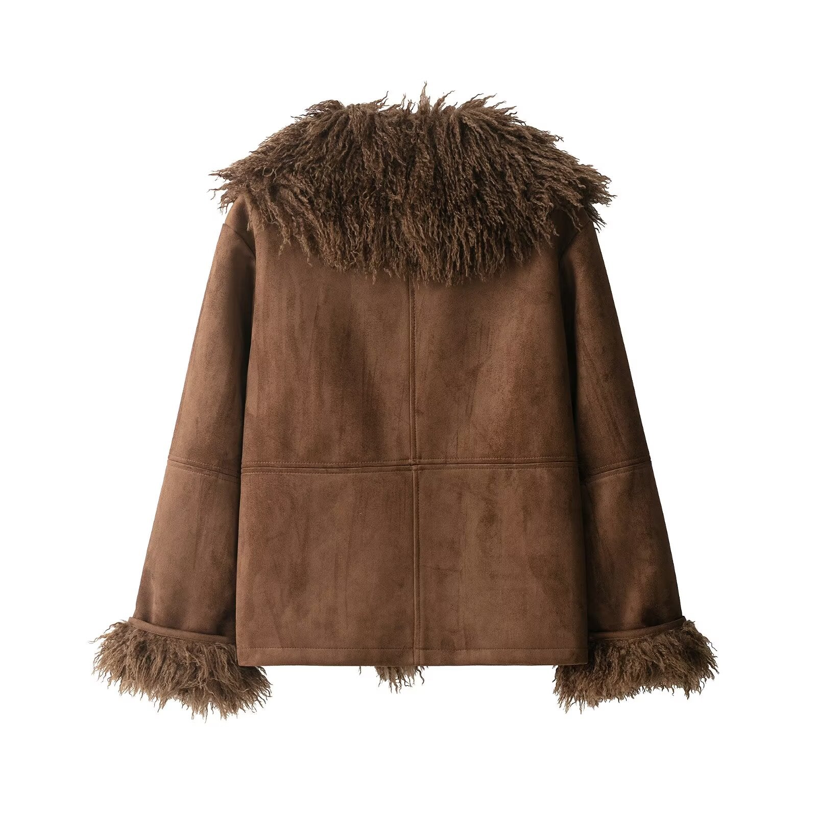 Elegant langry faux shearling fur effect coat in brown suede
