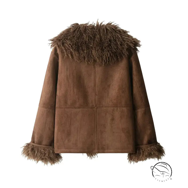 Elegant autumn fur effect coat: brown suede faux shearling jacket with hood