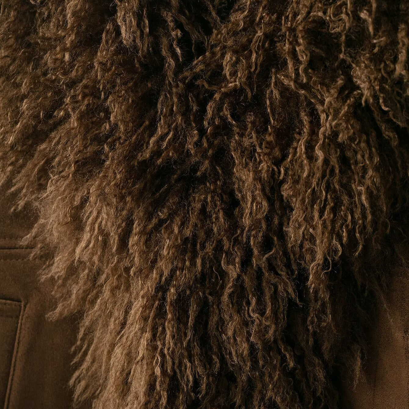 Elegant Autumn faux shearling coat with brown curly, shaggy fur texture