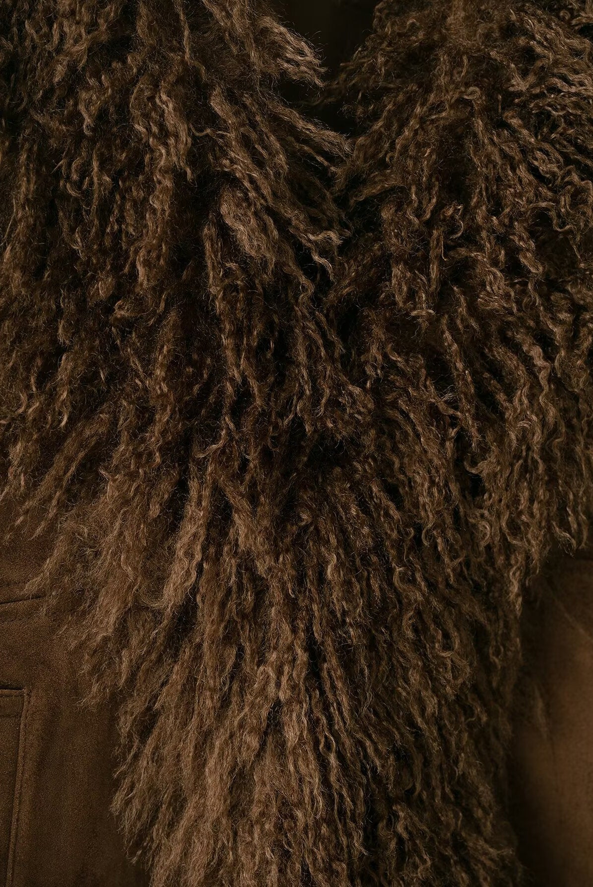 Elegant Autumn faux shearling coat with braided brown fur texture