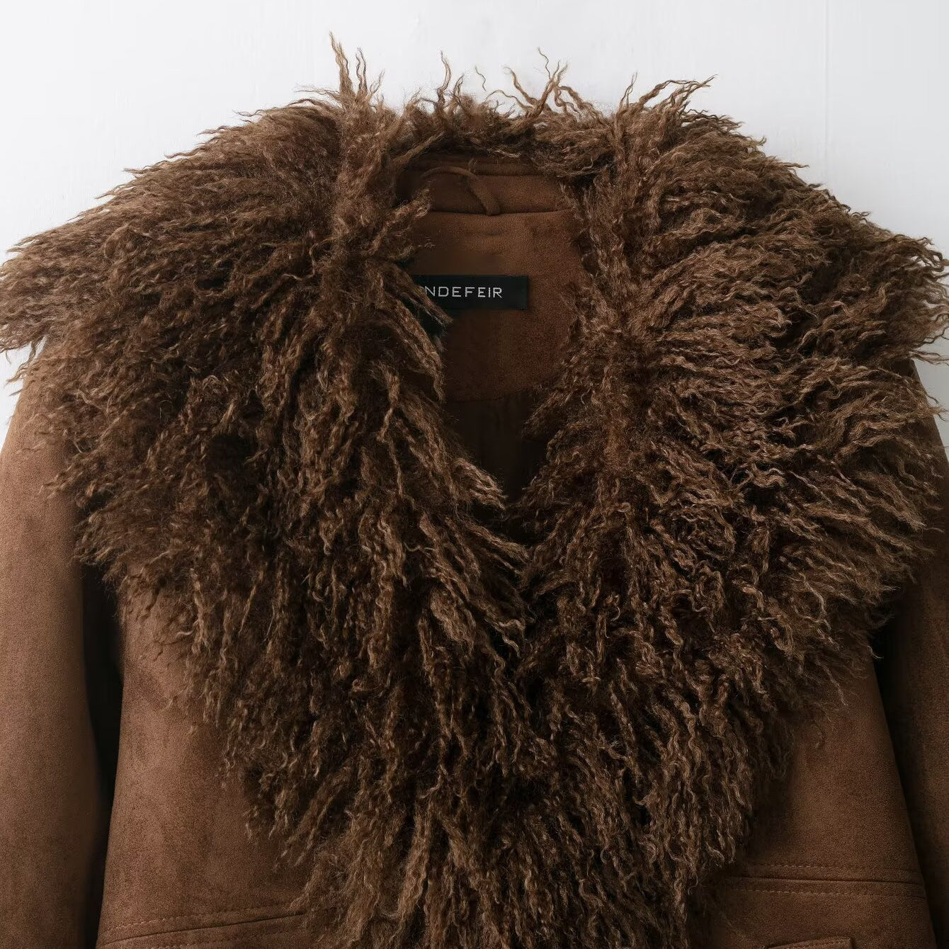 Elegant Autumn faux shearling coat with fur collar and pockets by Langry fashion