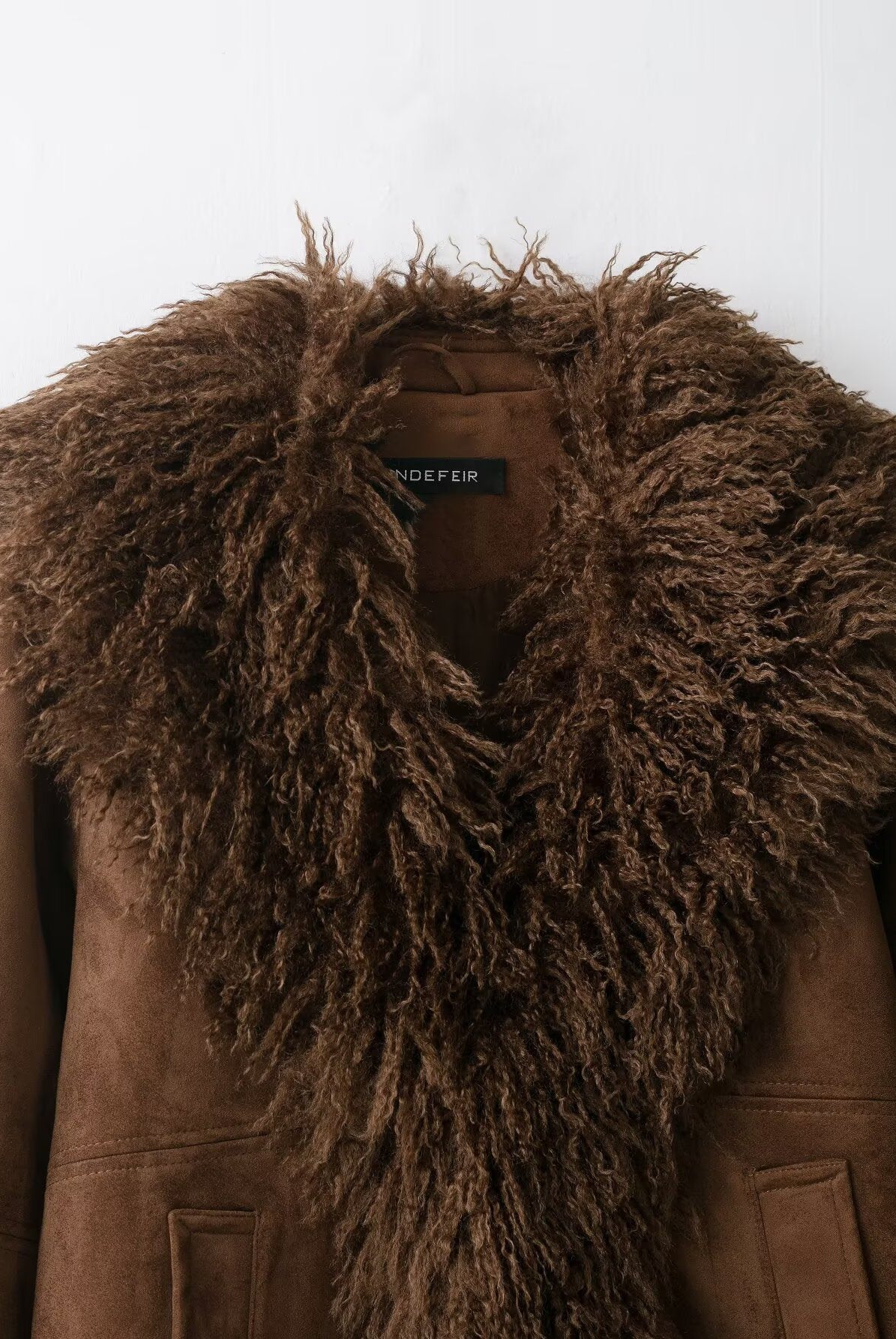 Elegant Autumn faux shearling coat with fur collar and pockets by Langry fashion