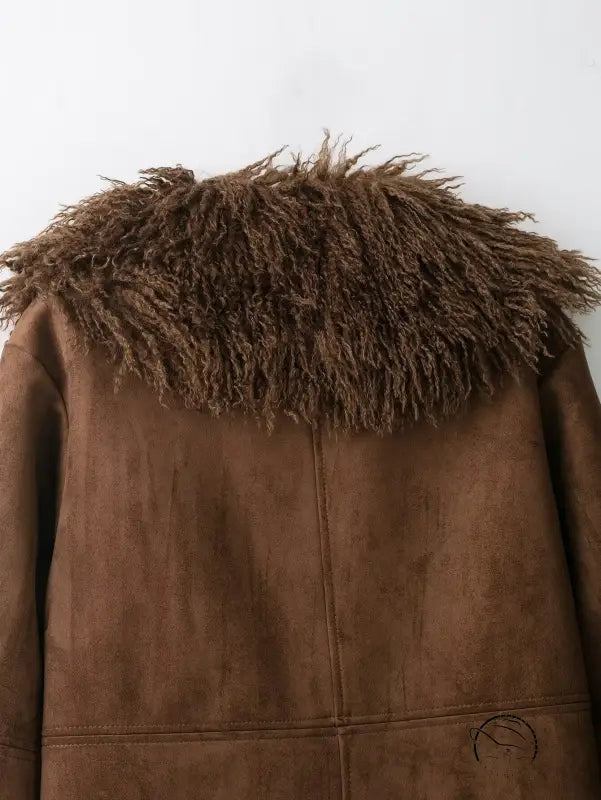 Elegant autumn fur effect brown suede jacket with faux shearling collar
