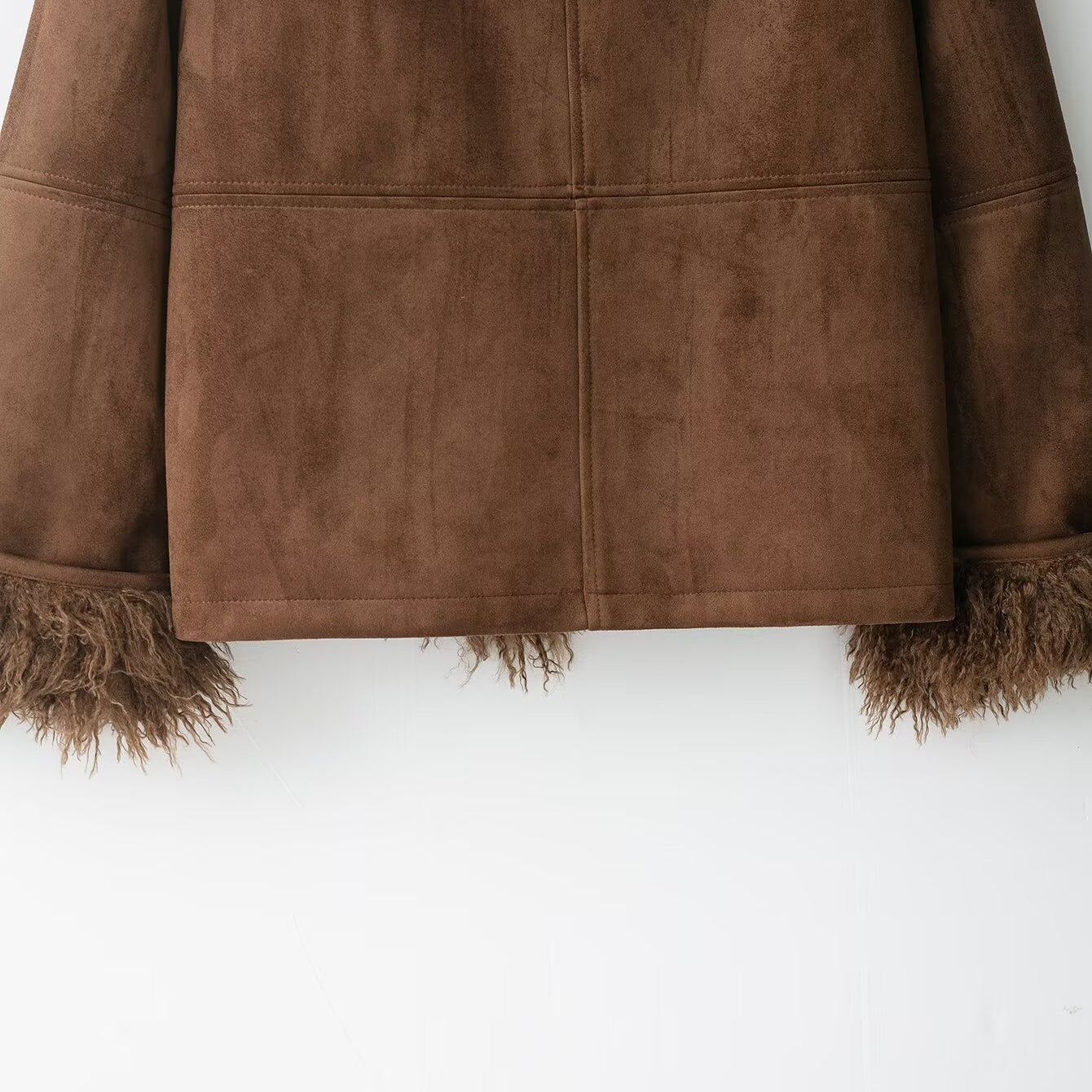 Elegant brown suede jacket with faux shearling trim by Langry fashion